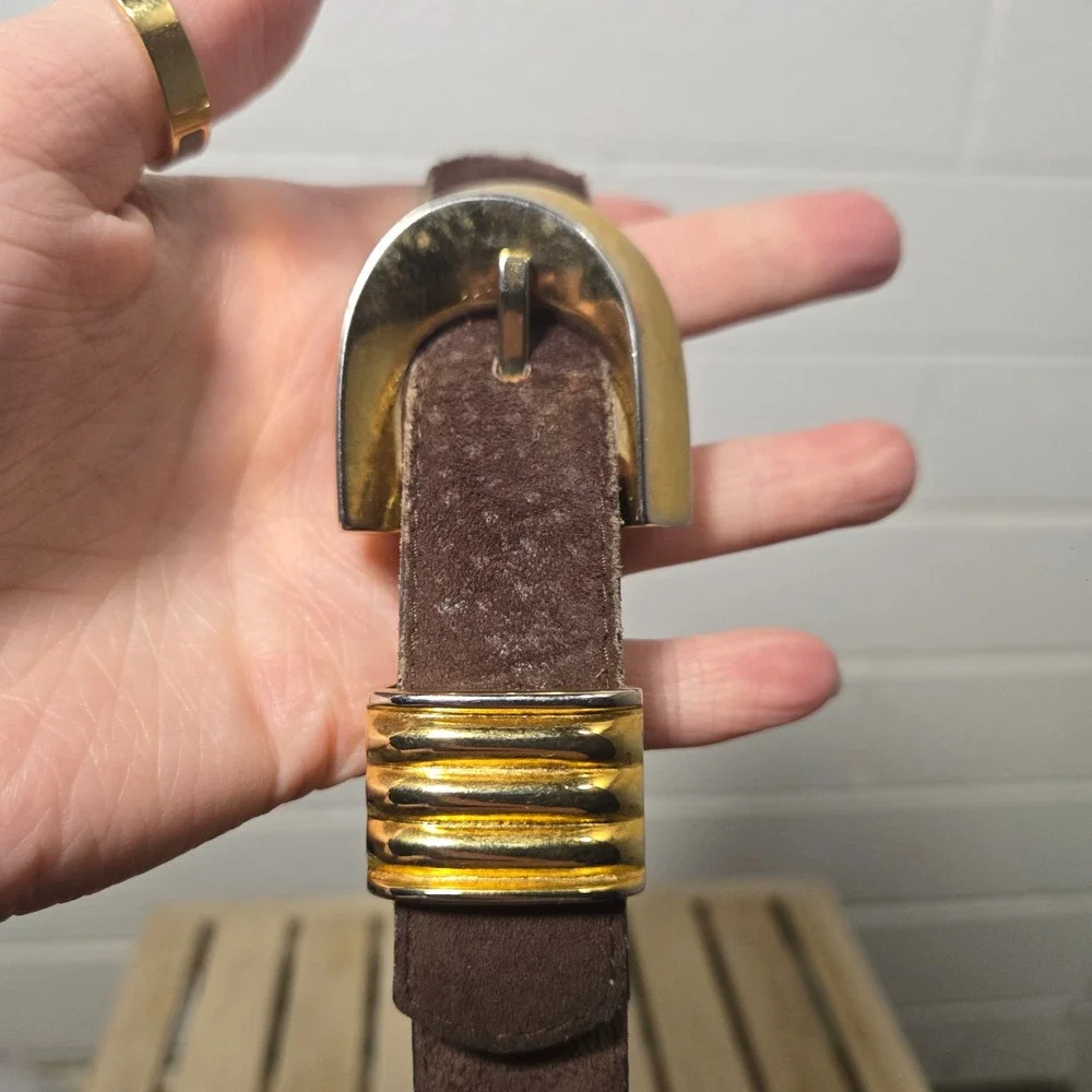 Vtg Suede Leather Belt Small Brown Gold Buckle 80s 90s Cinch Bohemian Office‎